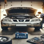 Nissan Xtrail T30 with an open hood, undergoing repair inside a garage.
