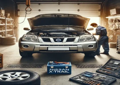 Nissan Xtrail T30 with an open hood, undergoing repair inside a garage.