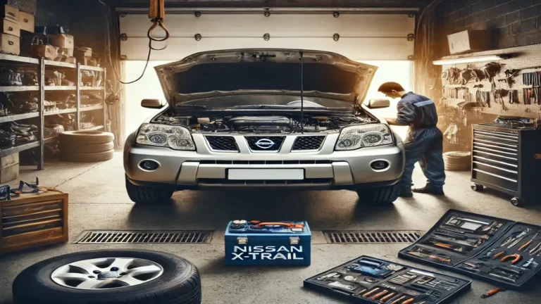 Nissan Xtrail T30 with an open hood, undergoing repair inside a garage.